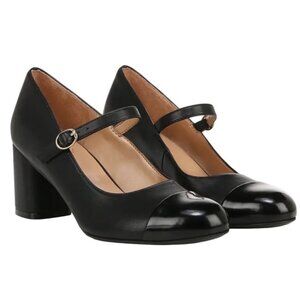 Naturalizer Loveable Block Heel Patent Accented Toe Highlighting Soft Black Leat